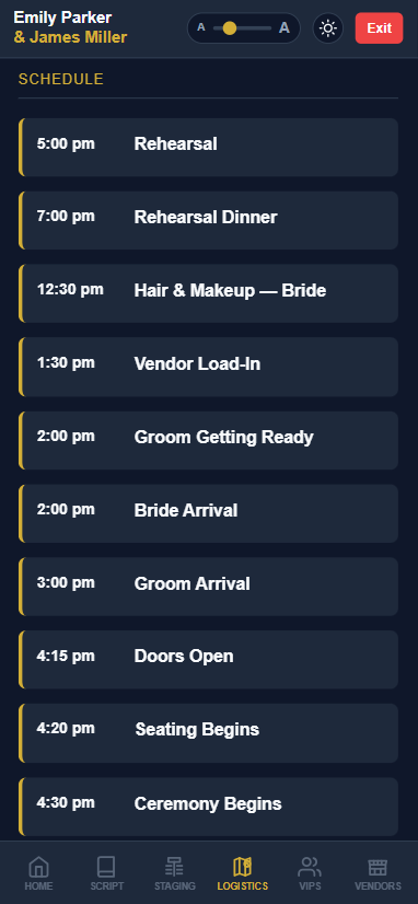 Day-of schedule and logistics alongside the ceremony