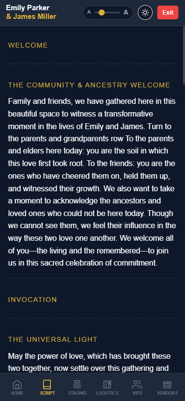 Ceremony script with light/dark mode and text magnifier for altar reading