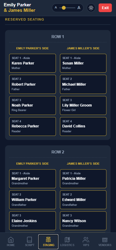 Reserved seating chart for family and VIP guests