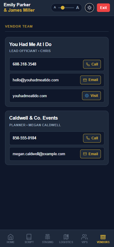 Vendor contacts reachable from Day-of Mode at the altar