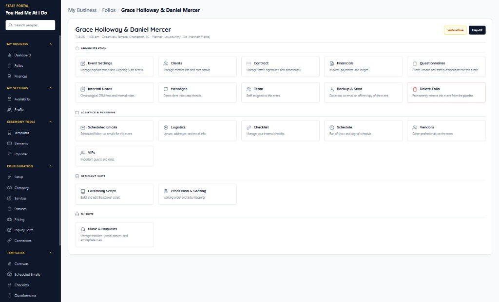 Wedding workspace with the wedding activated — planning forms, contracts, payments, portals, and suite tools
