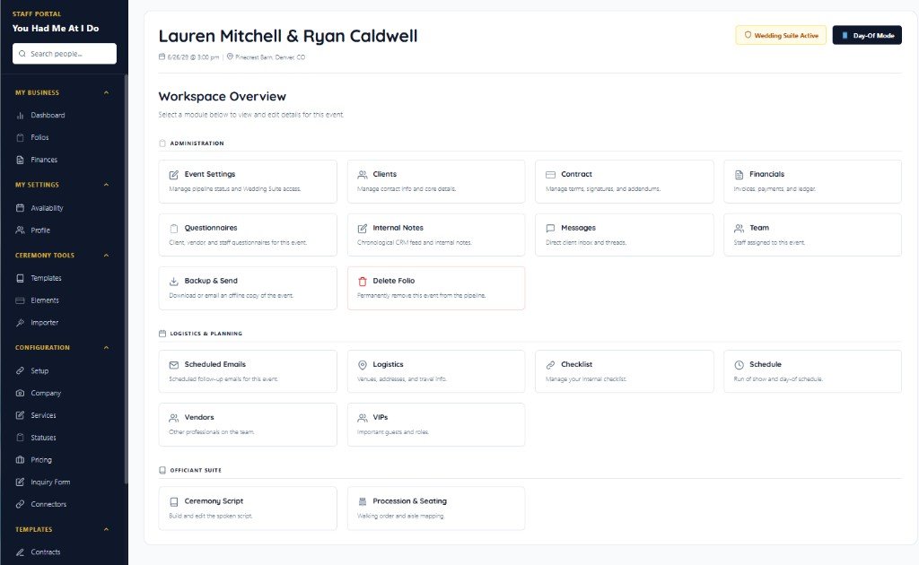 Officiant studio — inquiry pipeline and per-wedding workspace with ceremony tools